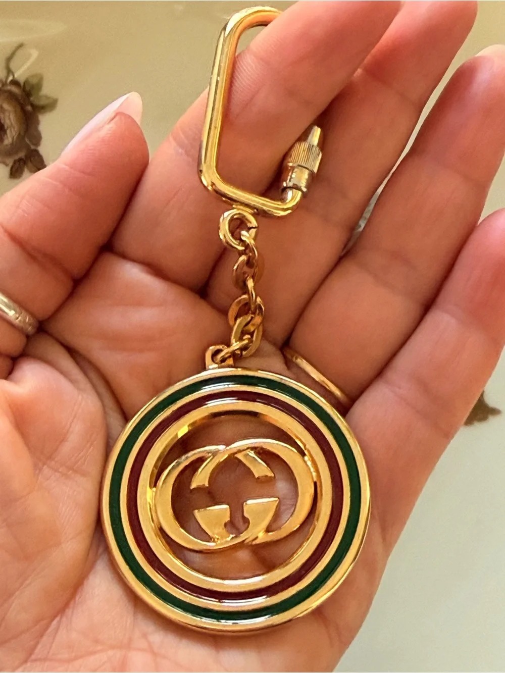 Gucci Gold Tone Keychain with Green and Red Accent